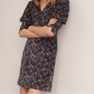 Rebecca Taylor Dress Mini cotton velvet tiny floral puff sleeve Vneck back zip M